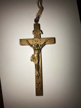 Vintage Brass And Wood Crucifix Pendant With Skull And Crossbones